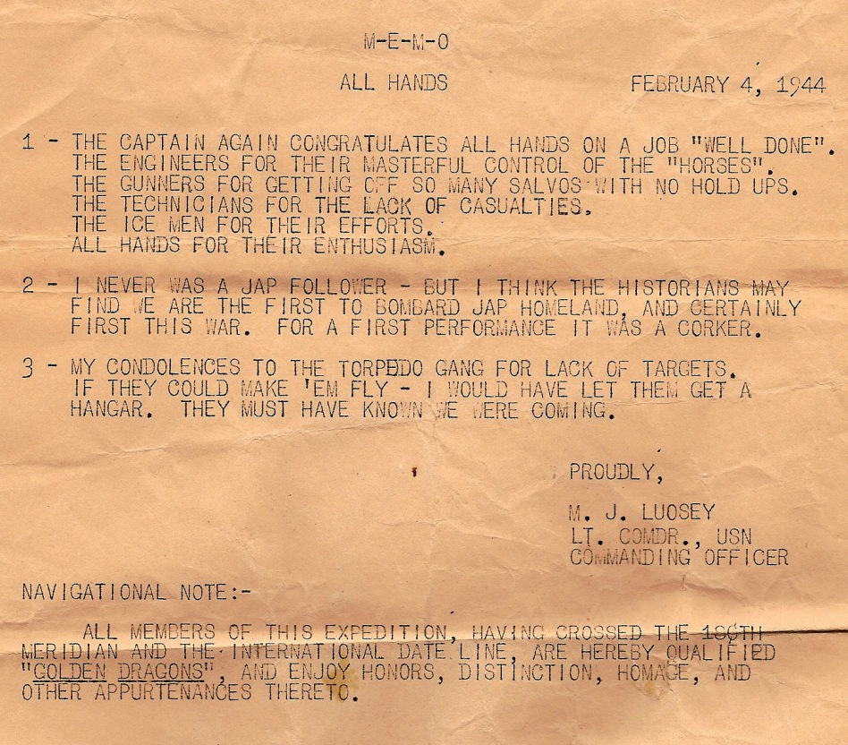 Memo from Commanding Officer - 1944
