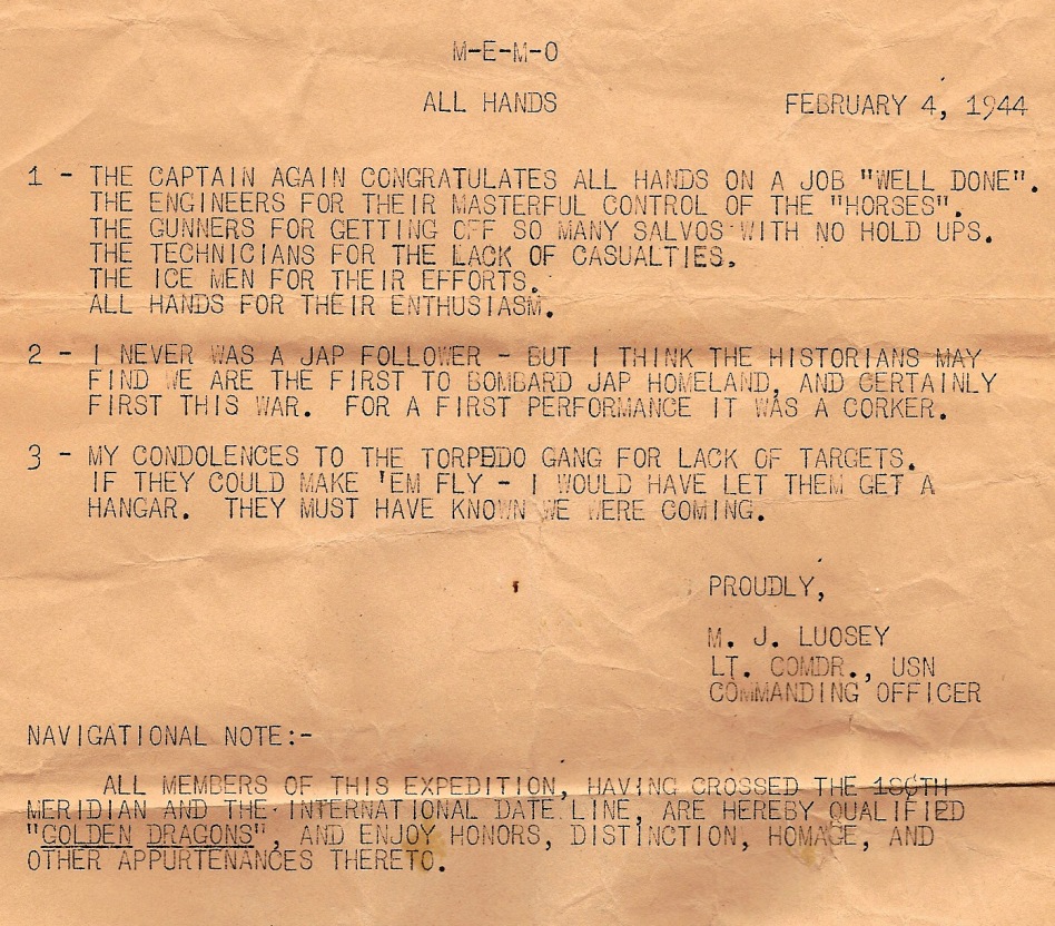 Memo from Commanding Officer - 1944